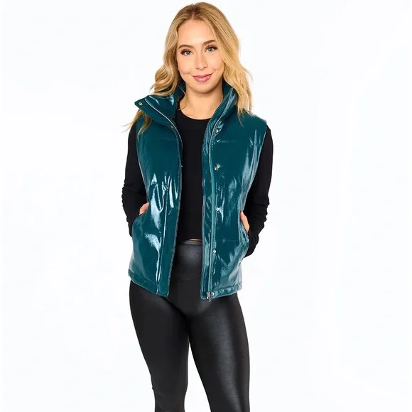 HELEN VEGAN LEATHER PUFFER VEST - JADE - Picture 1 of 7
